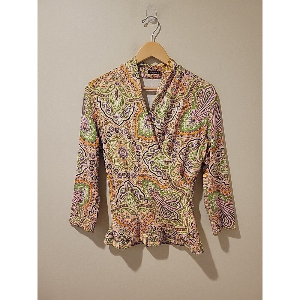 J. McLaughlin Shirt 3/4 Sleeve Faux Wrap Top Paisley Floral Catalina Cloth Sz M